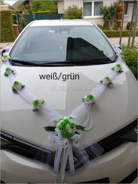 Autoschmuck , Girlande in V mit Organza Band und Blüten.