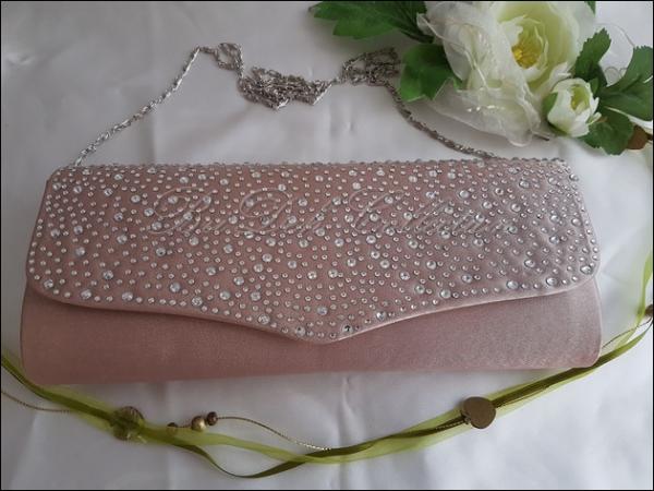 Umhängetasche, Clutch, Brauttasche, Farbe rosé mit Strass